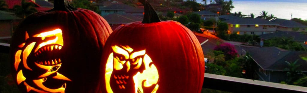 Things to do on Maui in fall. Halloween pumpkins carved with island designs.