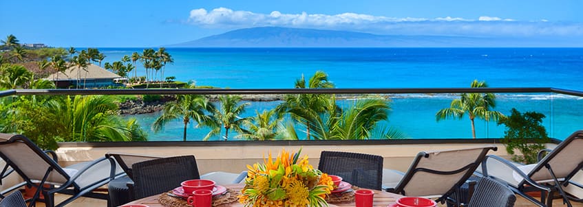 Best Maui Condo Resorts - Montage Kapalua Montage Kapalua Bay Surfrider oceanfront view from lanai